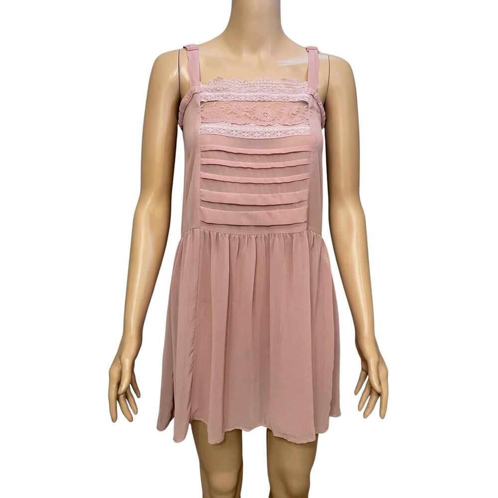 Lolita Juniors Pleated Mini Slip Dress Medium Pink Lace Trim Sheer Coquette